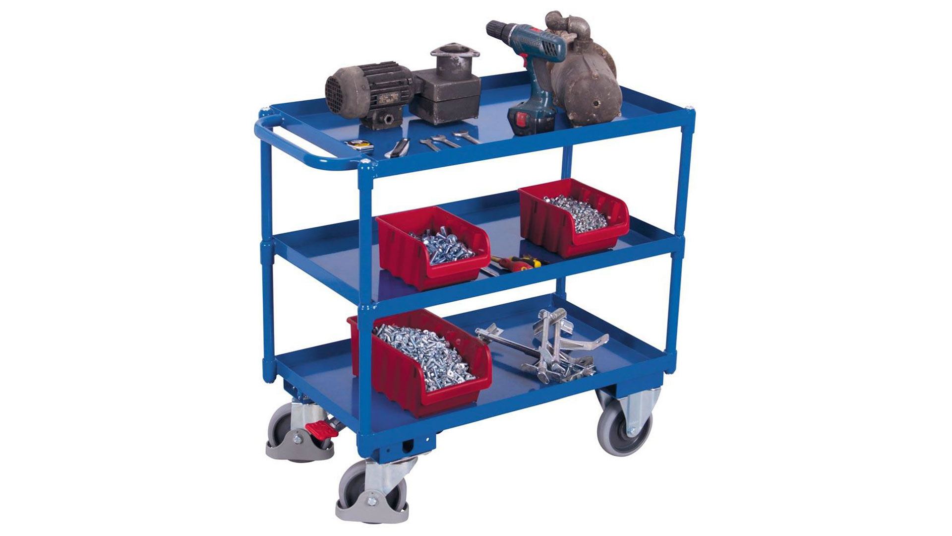 Tischwagen mit Stahlwanne - 3 Etagen - Traglast 400 kg - 495 x 845 mm (BxT) - Griff waagerecht - enzianblau