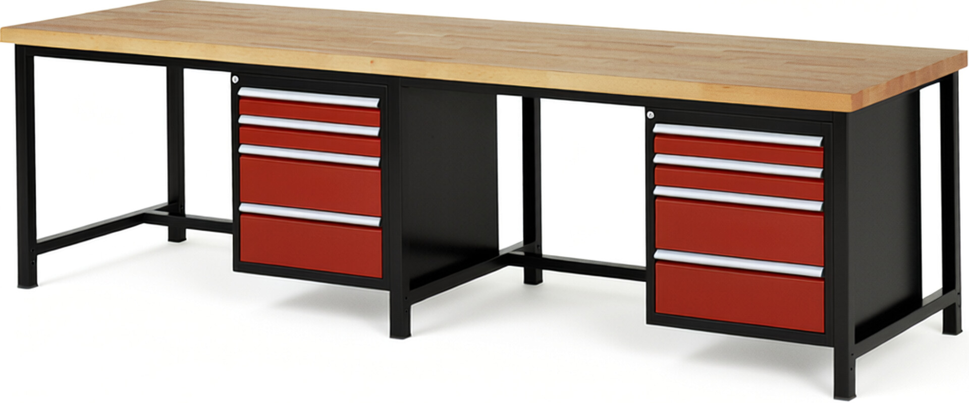 RAU Werkbank schwarz - rot - Breite 300 cm - Tiefe 90 cm - Höhe 104 cm - Buche-Massiv Arbeitsplatte 40 mm