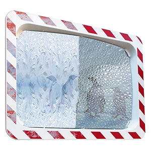 Verkehrsspiegel, Anti-Frost, rot/weißer Rahmen, Spiegelfläche Edelstahl, Rahmen Kunststoff, BxH 800x 600 mm, max. Beobachterabstand 20 m