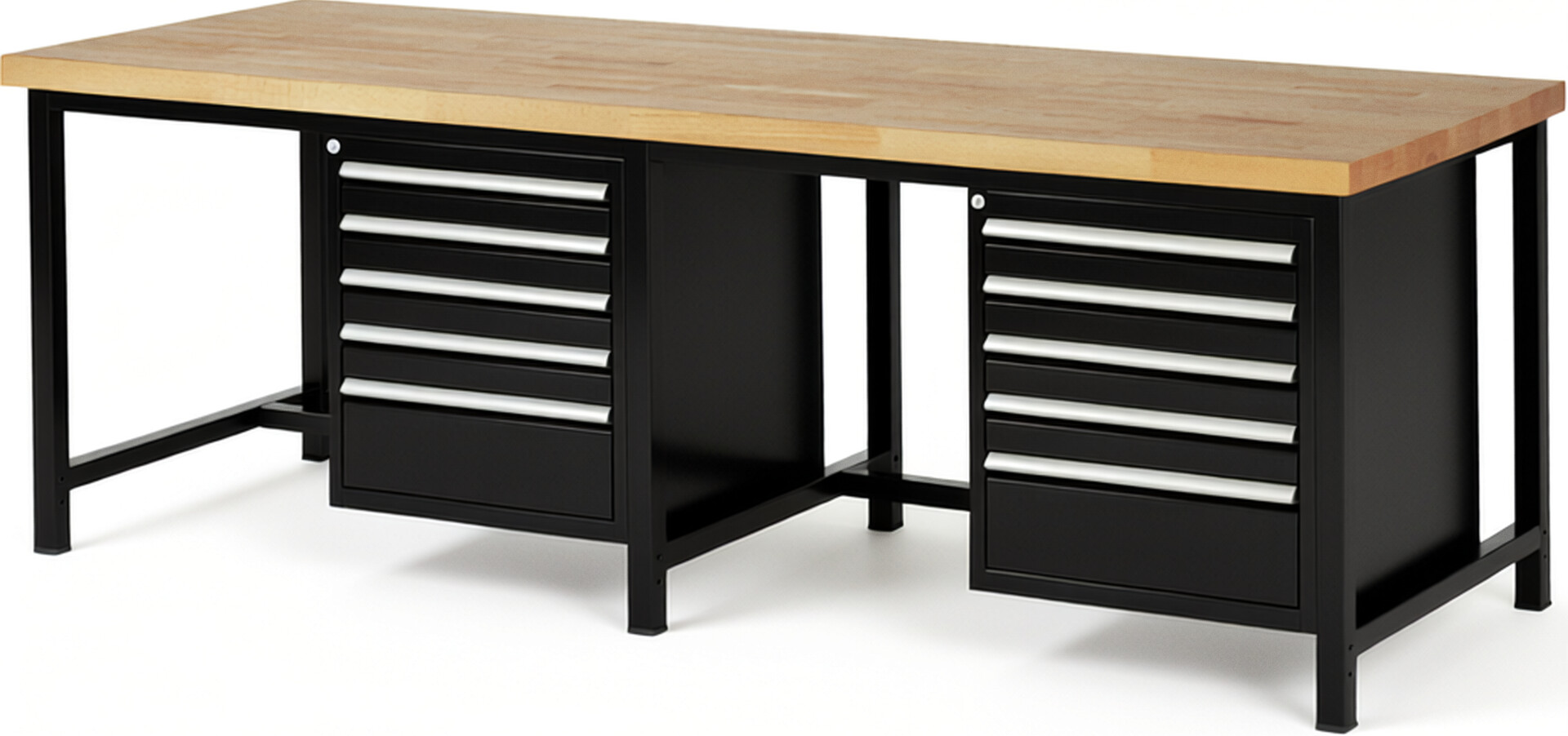 Werkbank Modell 8168 schwarz, BxTxH 2500x900x840-1040 mm,  Buche-Massiv Arbeitsplatte 40 mm,  10 Schubladen mit  Vollauszug 100 % und  SoftClosing