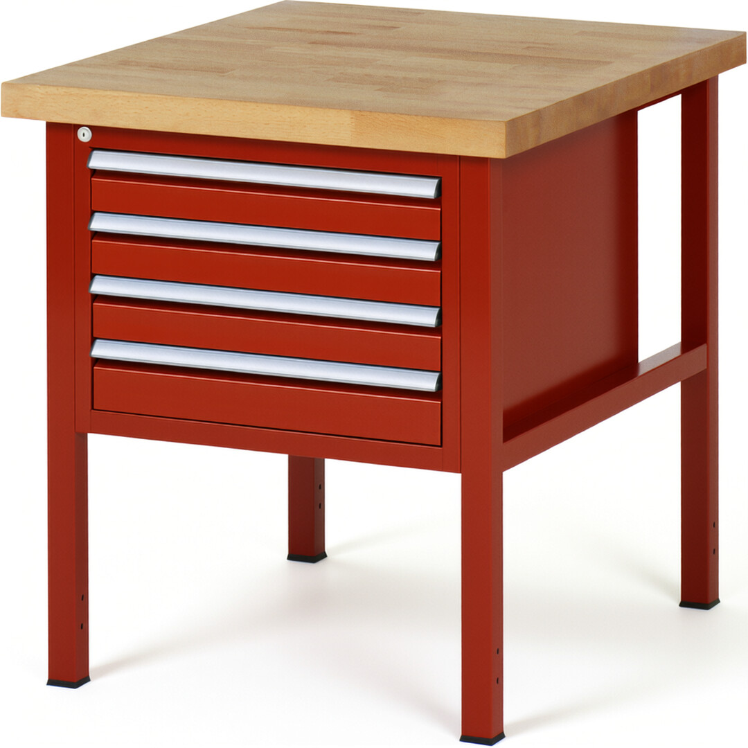 Werkbank Modell 8133 rot, BxTxH 750x900x840-1040 mm,  Buche-Massiv Arbeitsplatte 40 mm,  4 Schubladen mit  Auszug 90 %