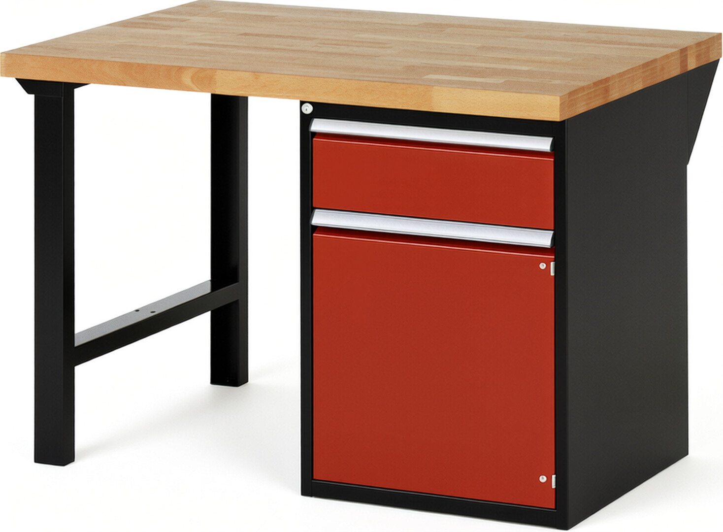 RAU Werkbank schwarz - rot - Breite 125 cm - Tiefe 90 cm - Höhe 84 cm - Buche-Massiv Arbeitsplatte 40 mm