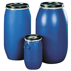 Bauchfass aus Polyethylen (HDPE), Farbe blau, mit Deckel und Spannring, Volumen 220 l, Durchm. 595 mm, Höhe 1010 mm, Öffnung 471 mm