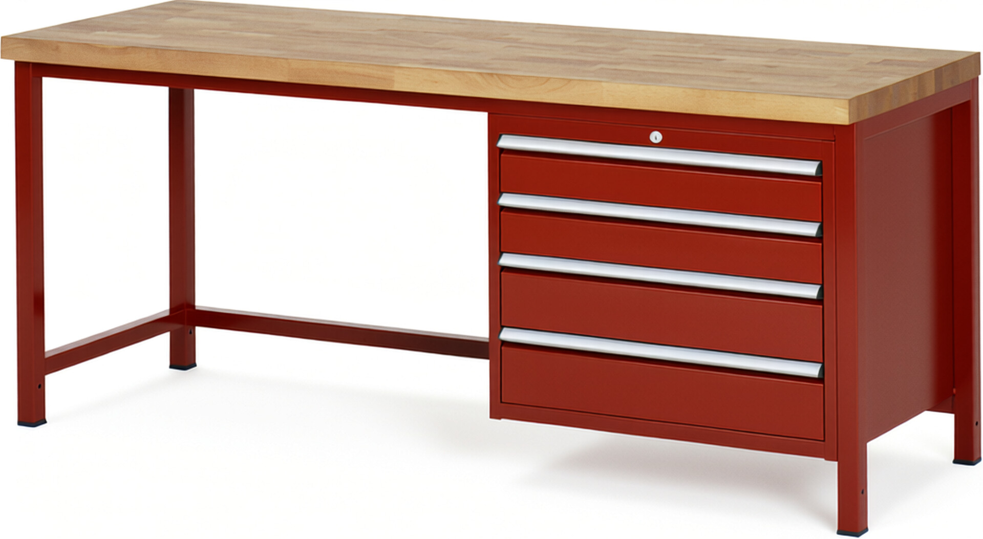 Werkbank Modell 8262 rot, BxTxH 2000x700x840-1040 mm,  Buche-Massiv Arbeitsplatte 40 mm,  4 Schubladen mit  Vollauszug 100 % und  SoftClosing