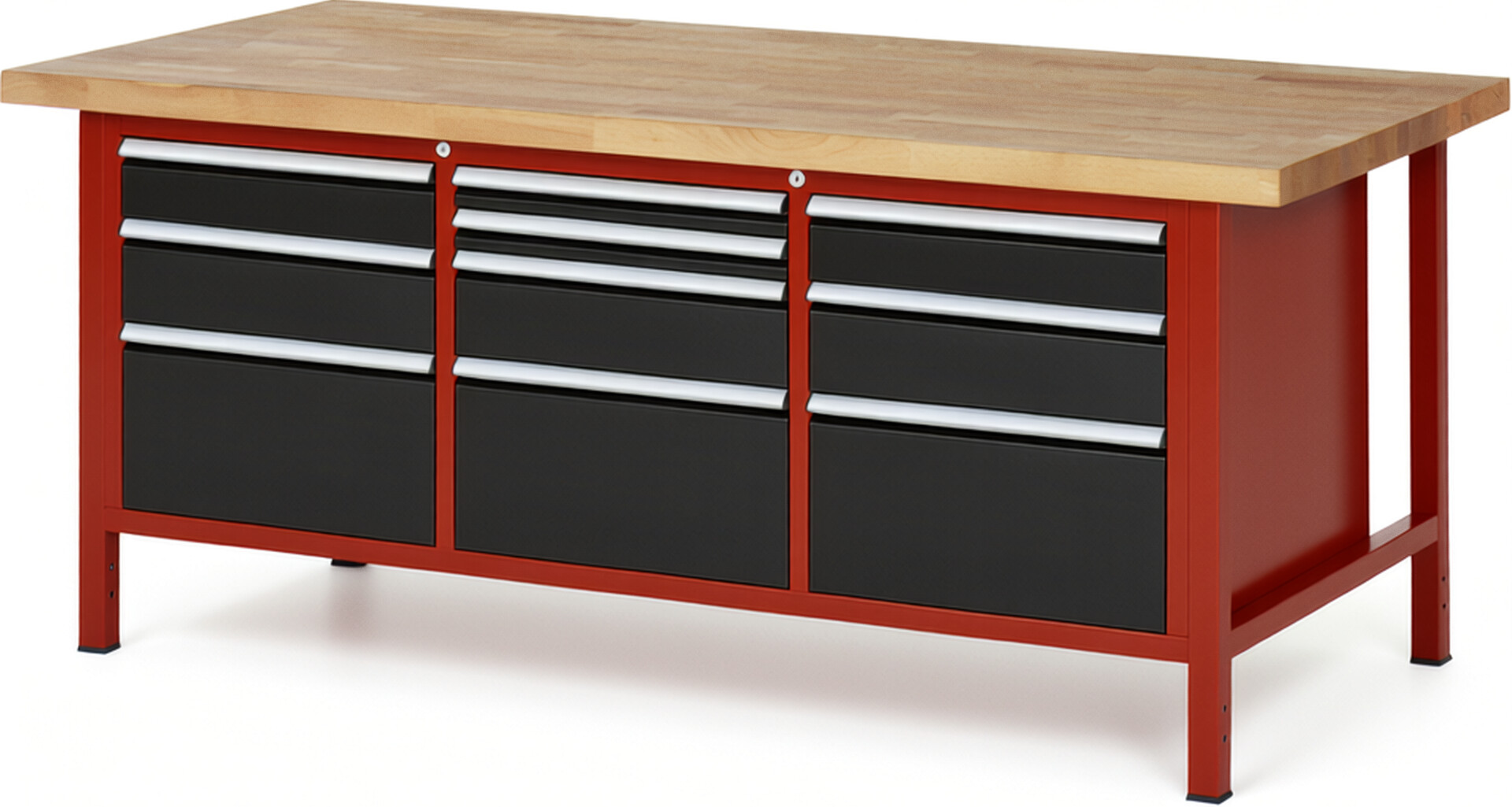 Werkbank Modell 8576 rot - schwarz, BxTxH 2000x900x840-1040 mm,  Buche-Massiv Arbeitsplatte 40 mm,  10 Schubladen mit  Auszug 90 %