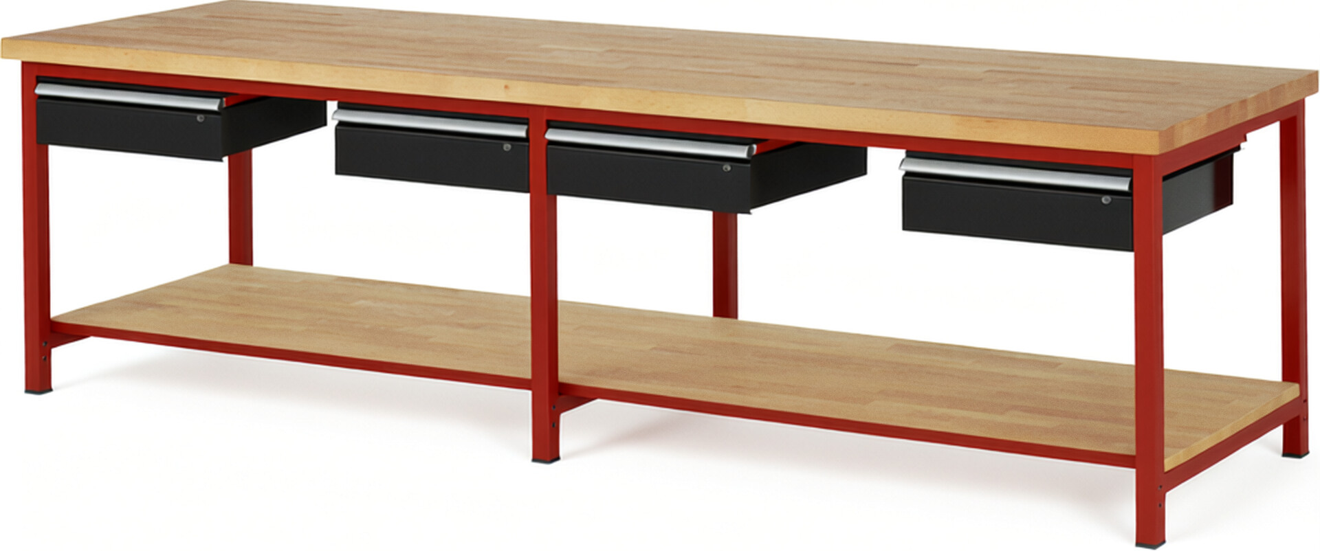 Werkbank Modell 8002 rot - schwarz, BxTxH 3000x900x840-1040 mm,  Buche-Massiv Arbeitsplatte 40 mm,  4 Schubladen mit  Auszug 90 %