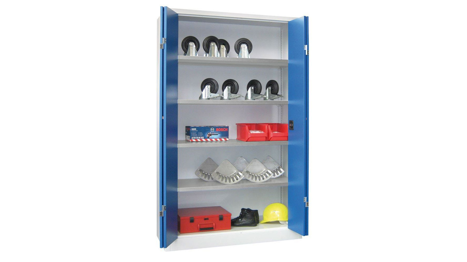 Falttürenschrank - 1.950x1.200x500 mm (HxBxT) - 4 Einlegeböden, verzinkt - Zylinderschloss - lichtgrau/enzianblau