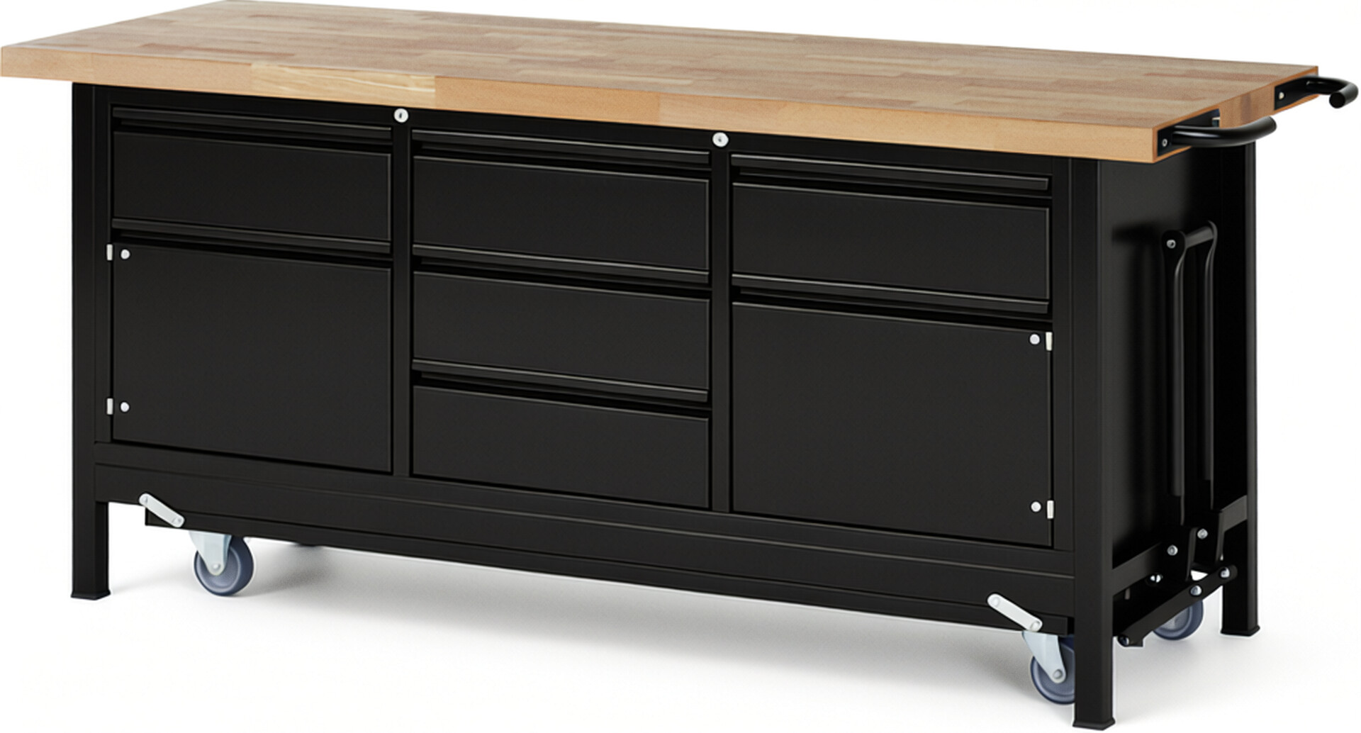 Absenkbare Werkbank - Modell 8568 BASIC schwarz, BxTxH 2000x700x880 mm,  Buche-Massiv Arbeitsplatte 40 mm,  5 Schubladen mit  Auszug 90 %