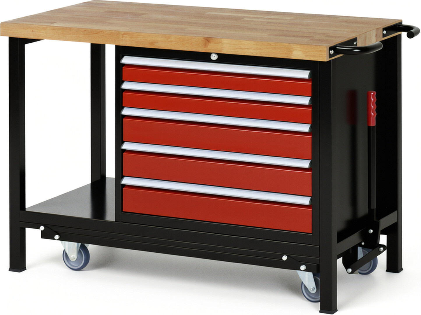 RAU Werkbank schwarz - rot - Breite 125 cm - Tiefe 70 cm - Höhe 88 cm - Buche-Massiv Arbeitsplatte 40 mm