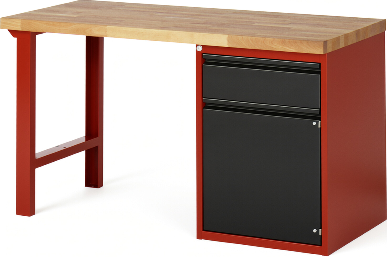Werkbank, Platte Buche 40 mm rot - schwarz, BxTxH 1500x700x840 mm, inklusive Unterbauschrank, 1 Schublade 180 mm, 1 Tür 540 mm, 1 Fachboden