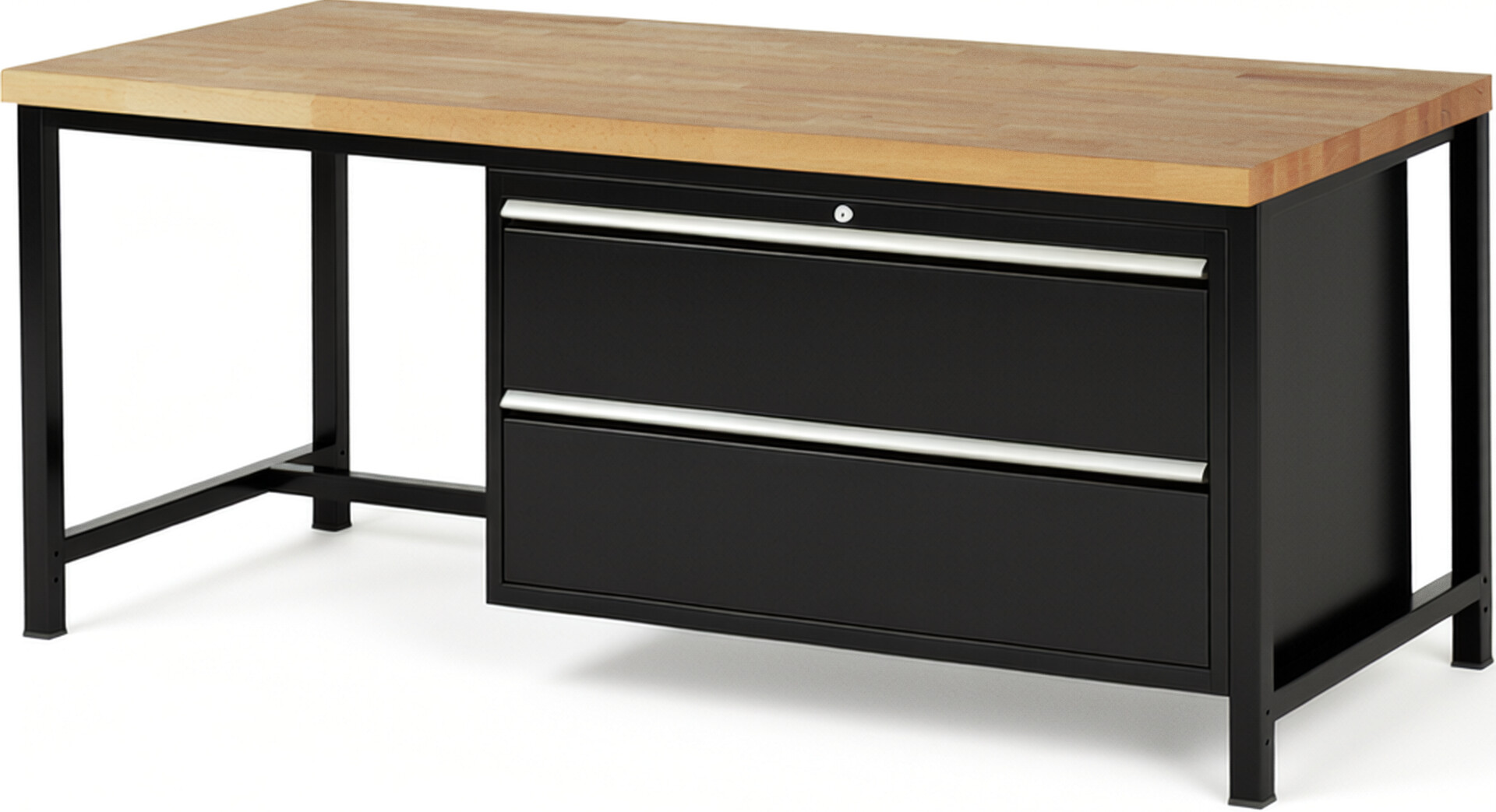 Werkbank Modell 8355 schwarz, BxTxH 2000x900x840-1040 mm,  Buche-Massiv Arbeitsplatte 40 mm,  2 Schubladen mit  Vollauszug 100 % und  SoftClosing