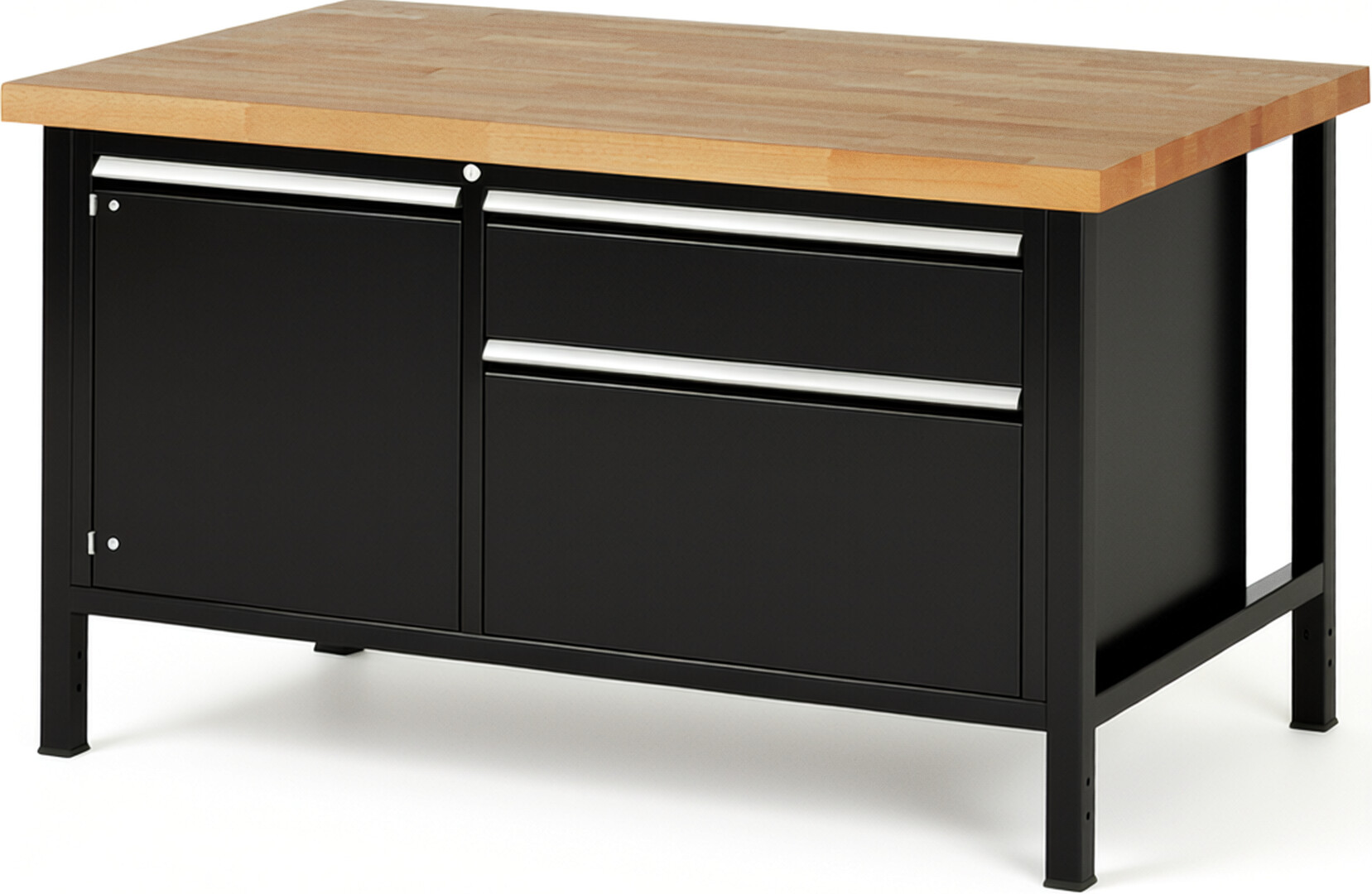 Werkbank Modell 8651 schwarz, BxTxH 1500x900x840-1040 mm,  Buche-Massiv Arbeitsplatte 40 mm,  2 Schubladen mit  Auszug 90 %