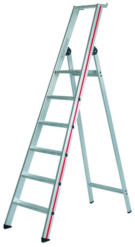 Stufen-Stehleiter R13 mit Sicherheitsbrücke, einseitig, Ablageschale und Einhängemöglichkeit für Eimer, senk. Länge 2940 mm, 10 Stufen,Gewicht 13,1 kg