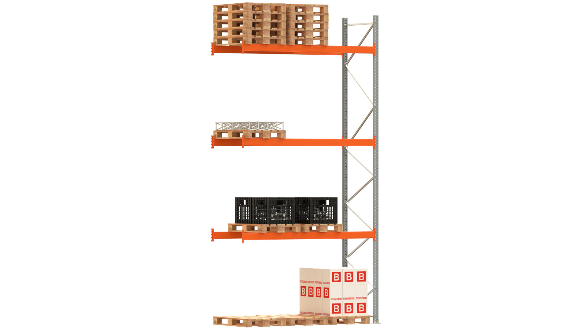 Palettenregal ARTUS - Anbaufeld - Breite 278,5 cm - Höhe 550 cm - Tiefe 110 cm - 3 Träger Ebenen