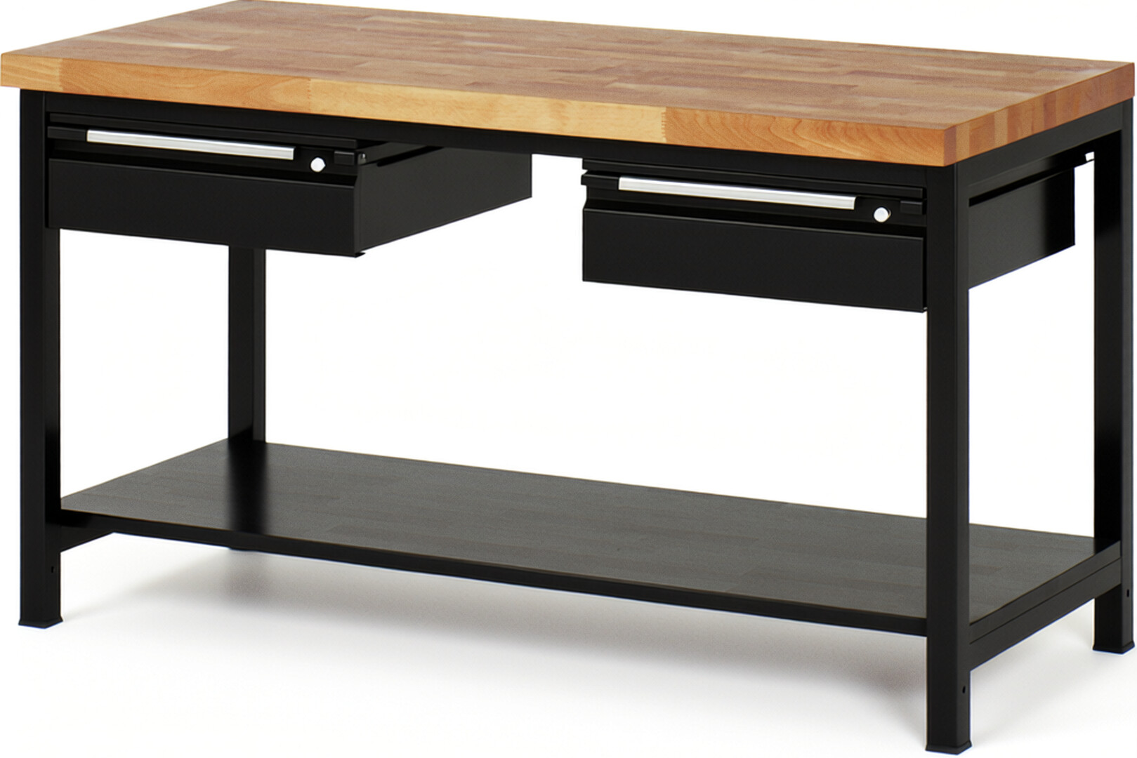 Werkbank - Modell 8002 BASIC schwarz, BxTxH 1500x700x840 mm,  Buche-Massiv Arbeitsplatte 40 mm,  2 Schubladen mit  Auszug 90 %