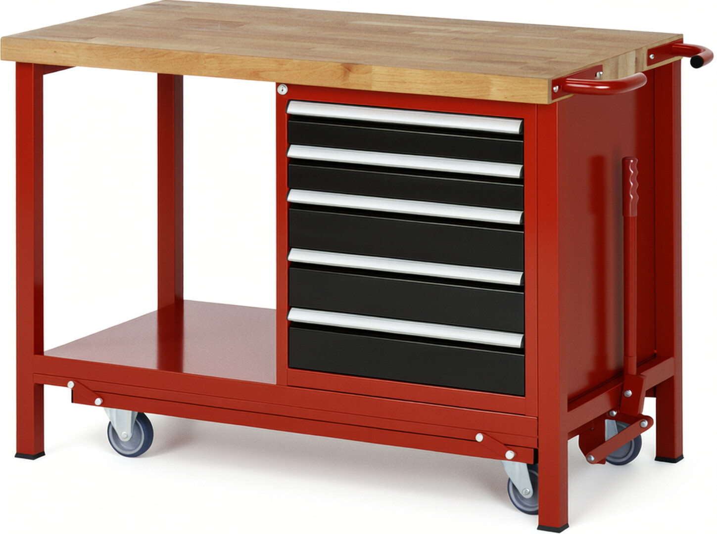 Absenkbare Werkbank Modell 8171 rot - schwarz, BxTxH 1250x700x880 mm,  Buche-Massiv Arbeitsplatte 40 mm,  5 Schubladen mit  Vollauszug 100 % und  SoftClosing