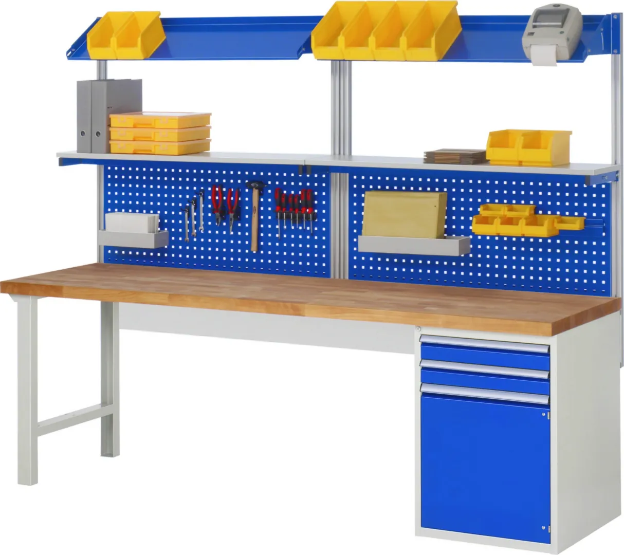 Werkbank Modell 7511 rot - schwarz, BxTxH 2500x900x890 mm,  Buche-Massiv Arbeitsplatte 40 mm,  5 Schubladen mit  Vollauszug 100 % und  SoftClosing