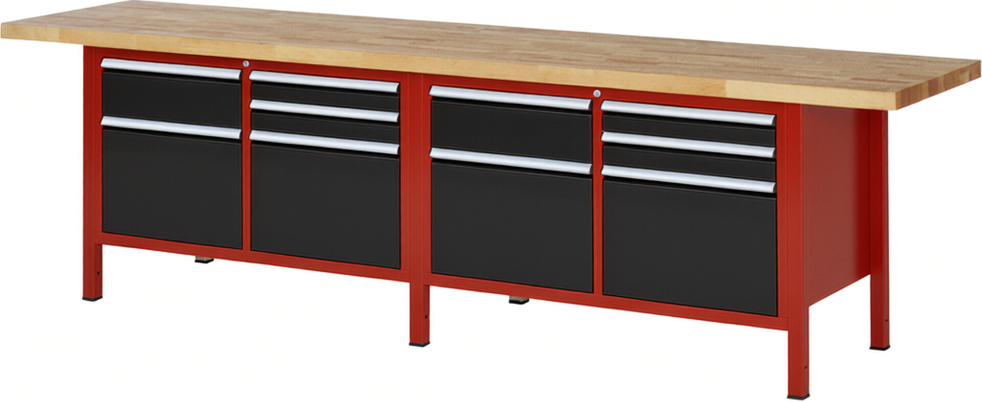 Werkbank Modell 8472 rot - schwarz, BxTxH 3000x700x840 mm,  Buche-Massiv Arbeitsplatte 40 mm,  10 Schubladen mit  Auszug 90 %