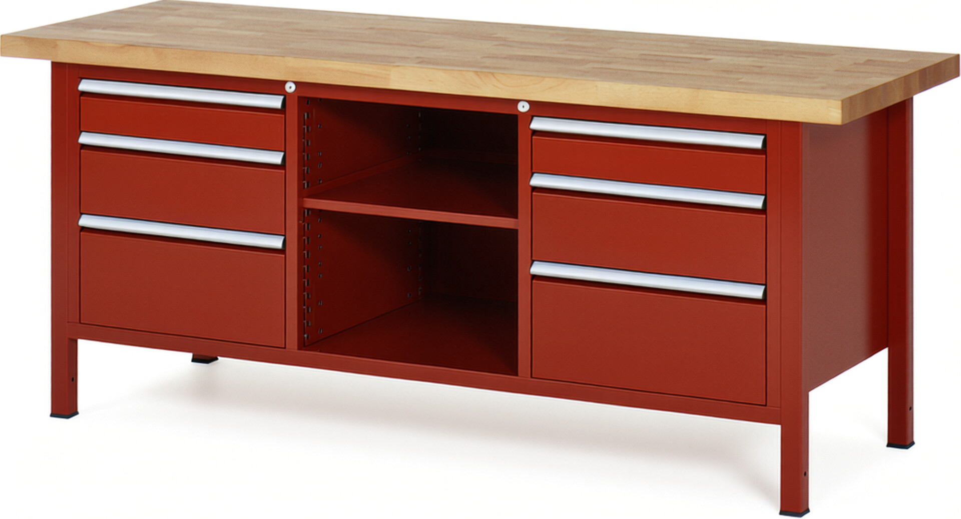 Werkbank Modell 8564 rot, BxTxH 2000x700x840 mm,  Buche-Massiv Arbeitsplatte 40 mm,  6 Schubladen mit  Auszug 90 %