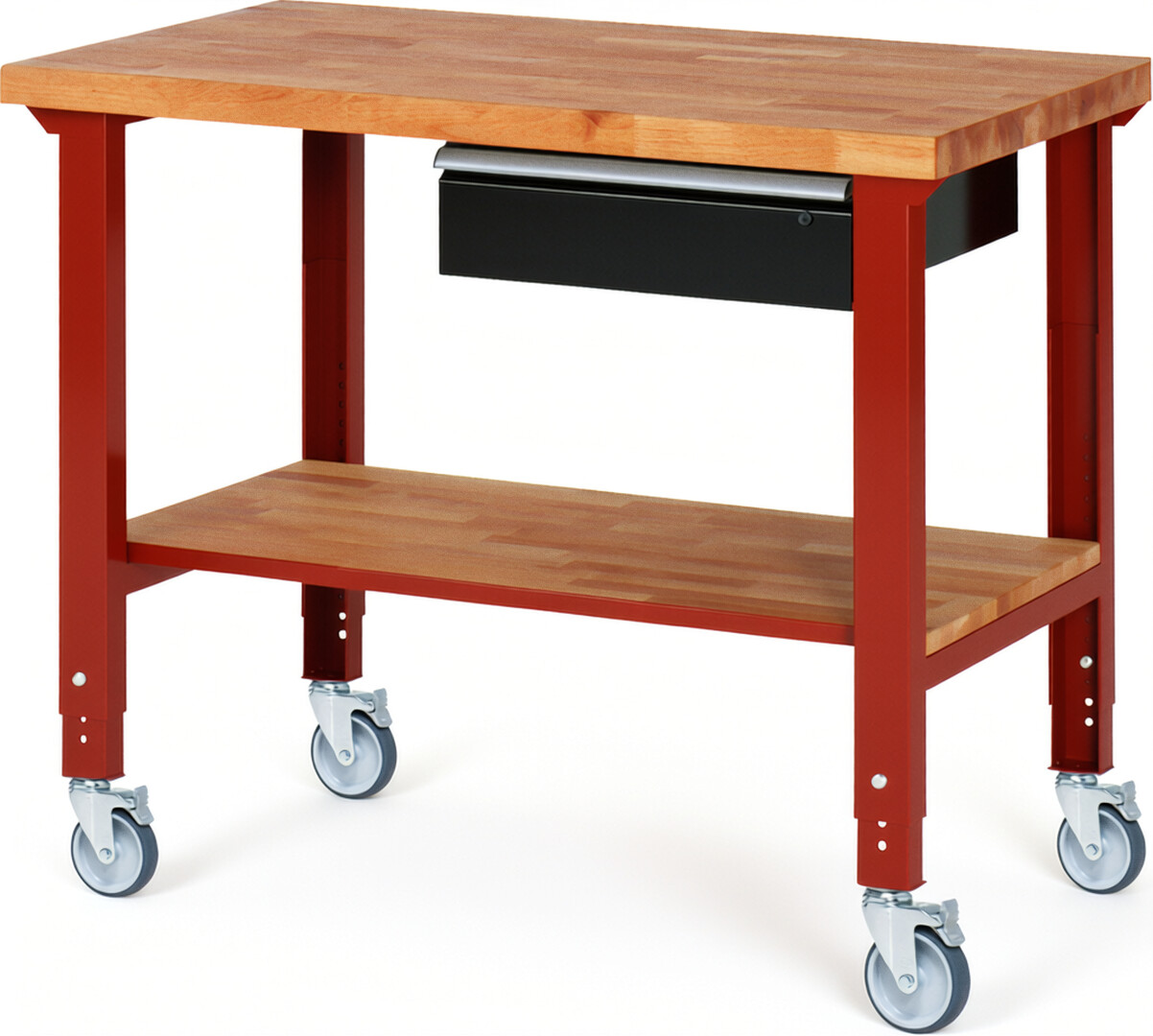 Fahrbare Werkbank Modell 7001 rot - schwarz, BxTxH 1250x700x950-1000 mm,  Buche-Massiv Arbeitsplatte 40 mm,  1 Schublade mit  Auszug 90 %