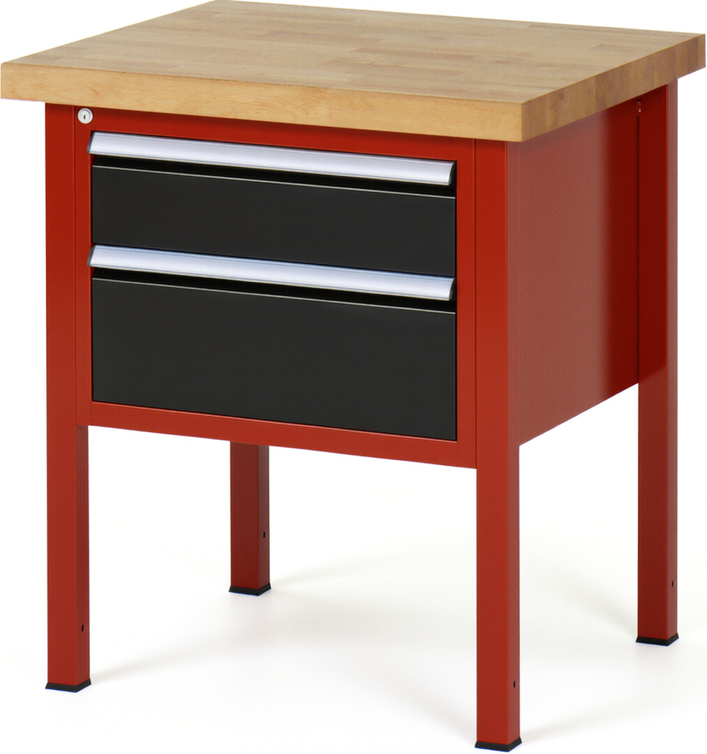 Werkbank Modell 8123 rot - schwarz, BxTxH 750x700x840-1040 mm,  Buche-Massiv Arbeitsplatte 40 mm,  2 Schubladen mit  Vollauszug 100 % und  SoftClosing