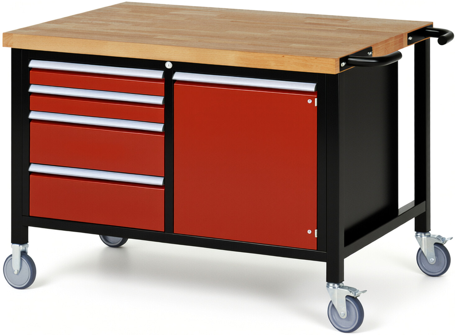 Fahrbare Werkbank Modell 8470 schwarz-rot, BxTxH 1250x900x880 mm,  Buche-Massiv Arbeitsplatte 40 mm,  4 Schubladen mit  Vollauszug 100 % und  SoftClosing