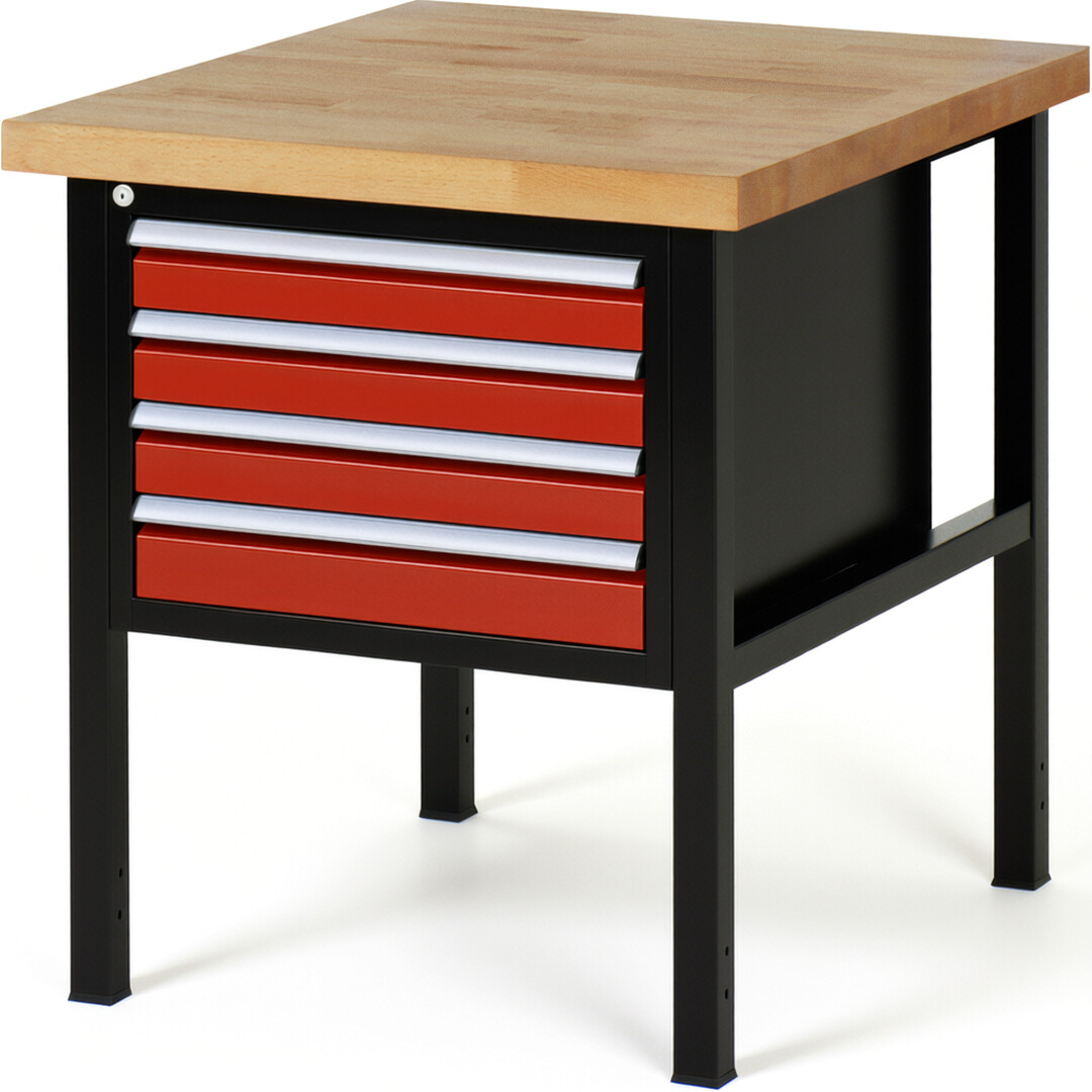 Werkbank Modell 8133 schwarz-rot, BxTxH 750x900x840-1040 mm,  Buche-Massiv Arbeitsplatte 40 mm,  4 Schubladen mit  Auszug 90 %