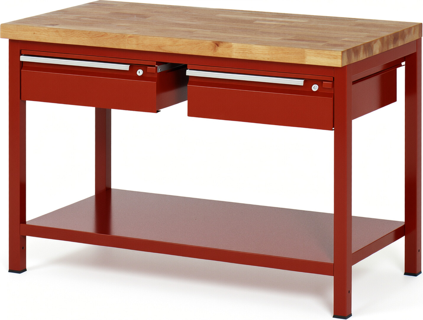 Werkbank - Modell 8002 BASIC rot, BxTxH 1250x700x840 mm,  Buche-Massiv Arbeitsplatte 40 mm,  2 Schubladen mit  Auszug 90 %