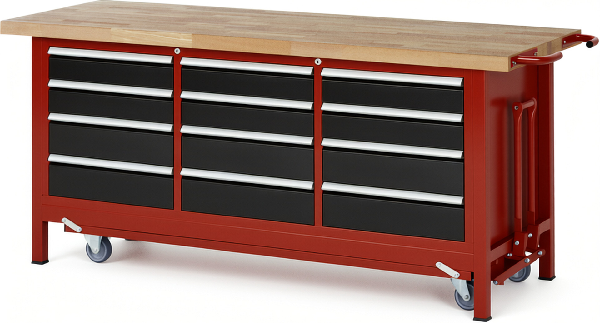 Absenkbare Werkbank Modell 8579 rot - schwarz, BxTxH 2000x700x880 mm,  Buche-Massiv Arbeitsplatte 40 mm,  12 Schubladen mit  Auszug 90 %