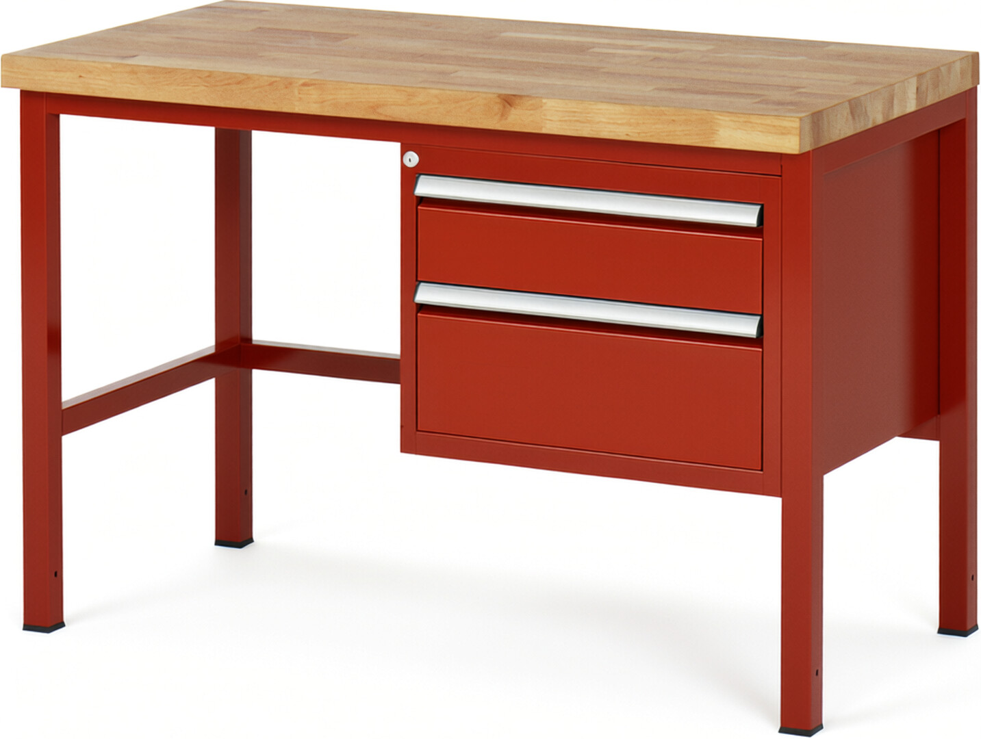 Werkbank Modell 8123 rot, BxTxH 1250x700x840-1040 mm,  Buche-Massiv Arbeitsplatte 40 mm,  2 Schubladen mit  Vollauszug 100 % und  SoftClosing