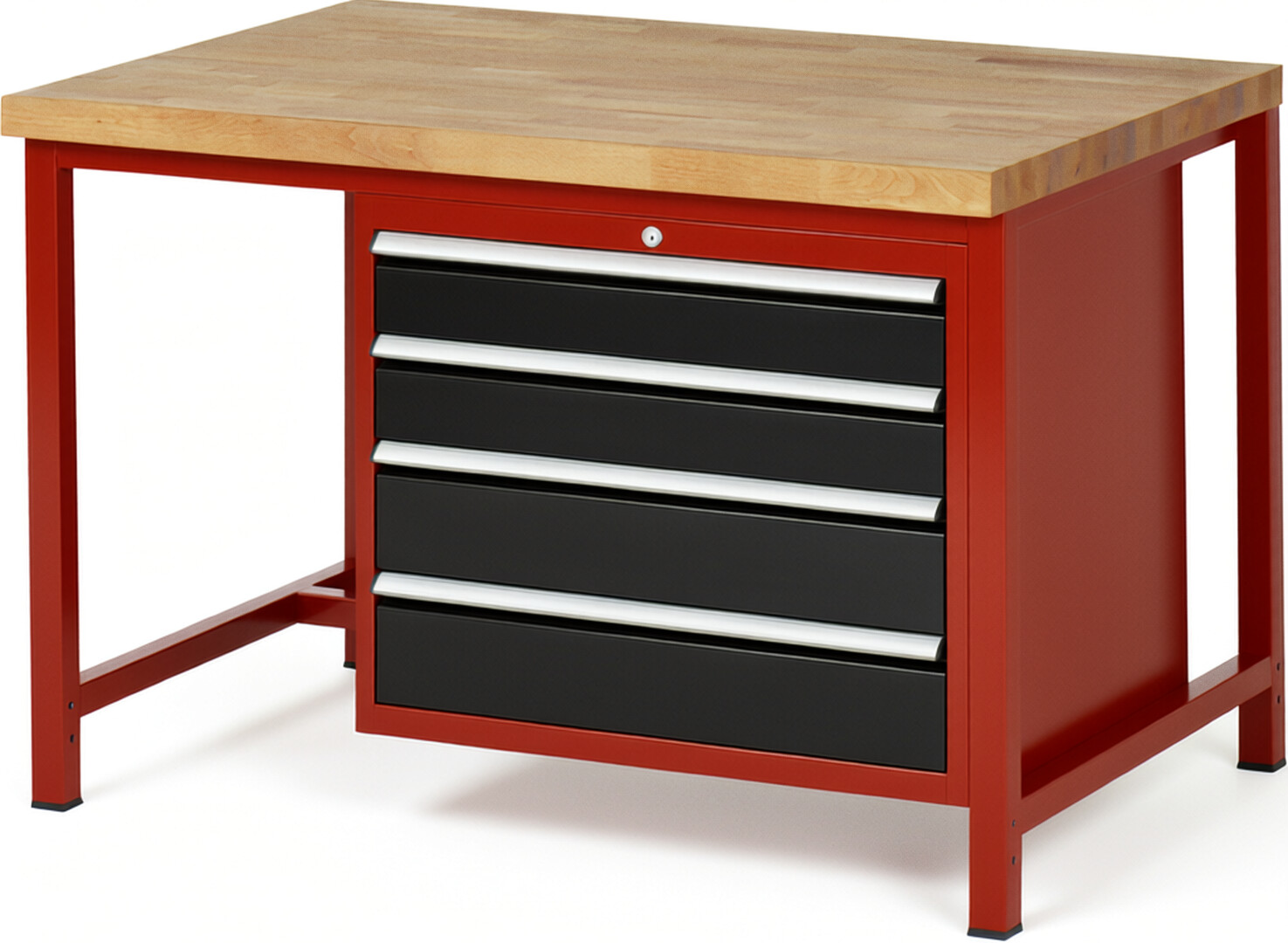 Werkbank Modell 8262 rot - schwarz, BxTxH 1250x900x840-1040 mm,  Buche-Massiv Arbeitsplatte 40 mm,  4 Schubladen mit  Auszug 90 %