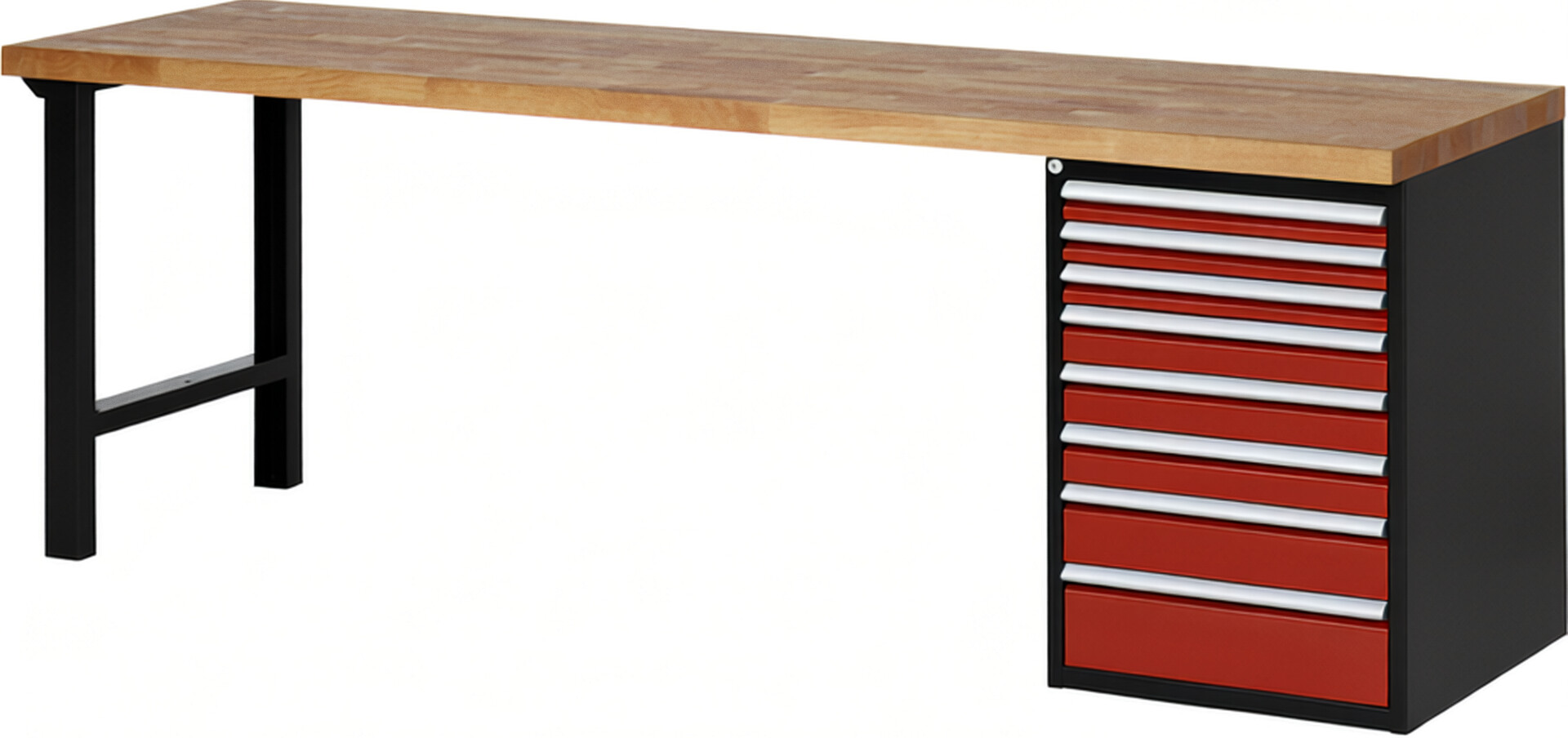 RAU Werkbank schwarz - rot - Breite 250 cm - Tiefe 70 cm - Höhe 84 cm - Buche-Massiv Arbeitsplatte 40 mm