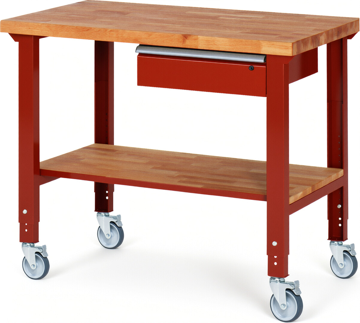 Fahrbare Werkbank Modell 7001 rot, BxTxH 1250x700x950-1000 mm,  Buche-Massiv Arbeitsplatte 40 mm,  1 Schublade mit  Auszug 90 %
