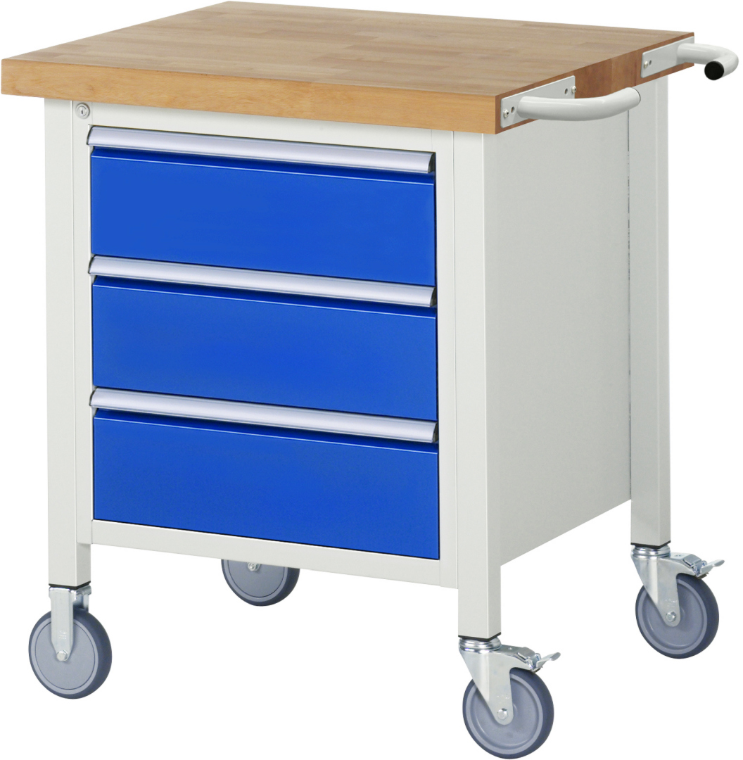 Fahrbare Werkbank Modell 8157,  BxTxH 750x700x880 mm,  Buche-Massiv Arbeitsplatte 40 mm,  3 Schubladen mit  Vollauszug 100 % und  SoftClosing