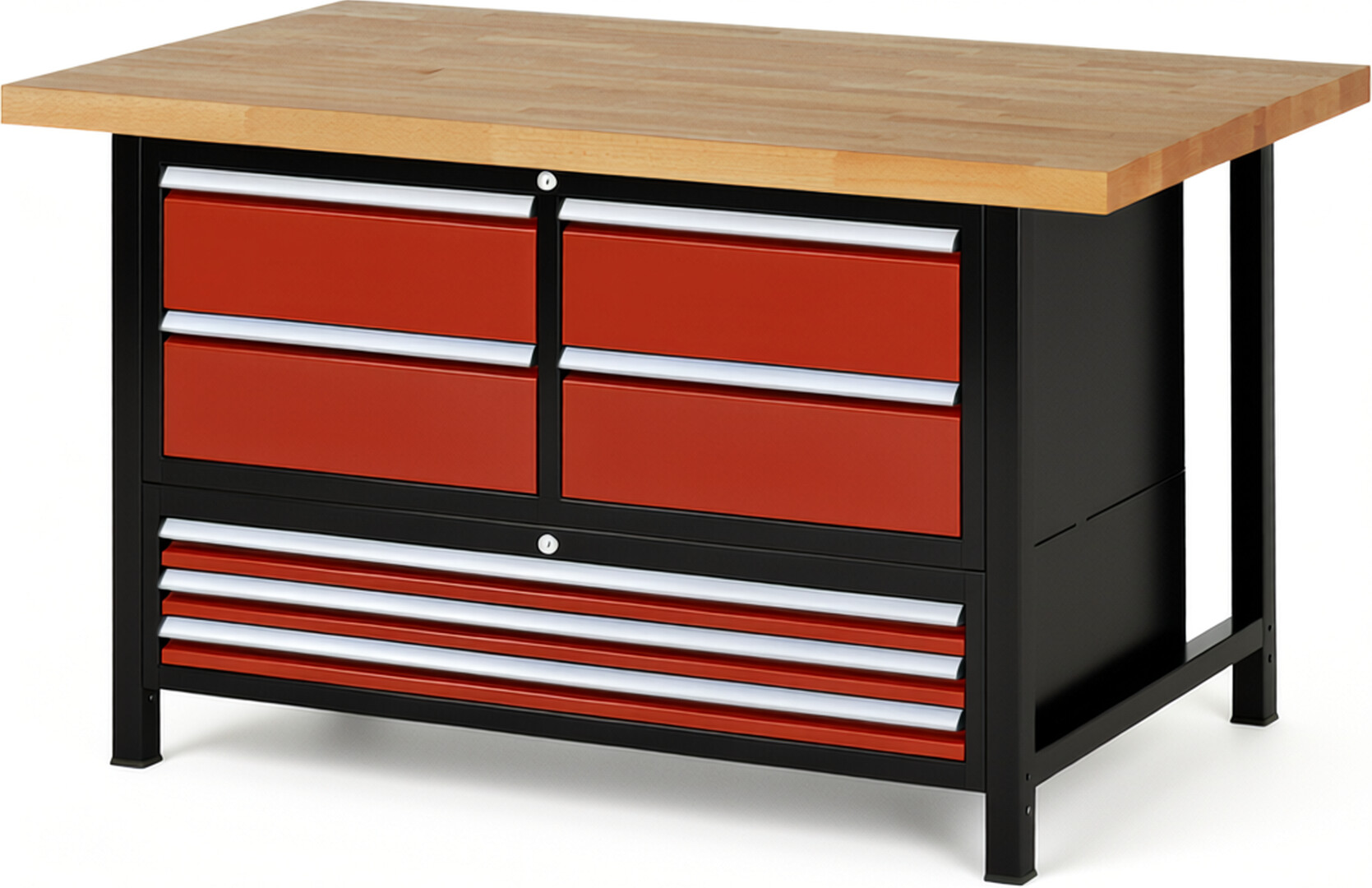 RAU Werkbank schwarz - rot - Breite 150 cm - Tiefe 90 cm - Höhe 84 cm - Buche-Massiv Arbeitsplatte 40 mm