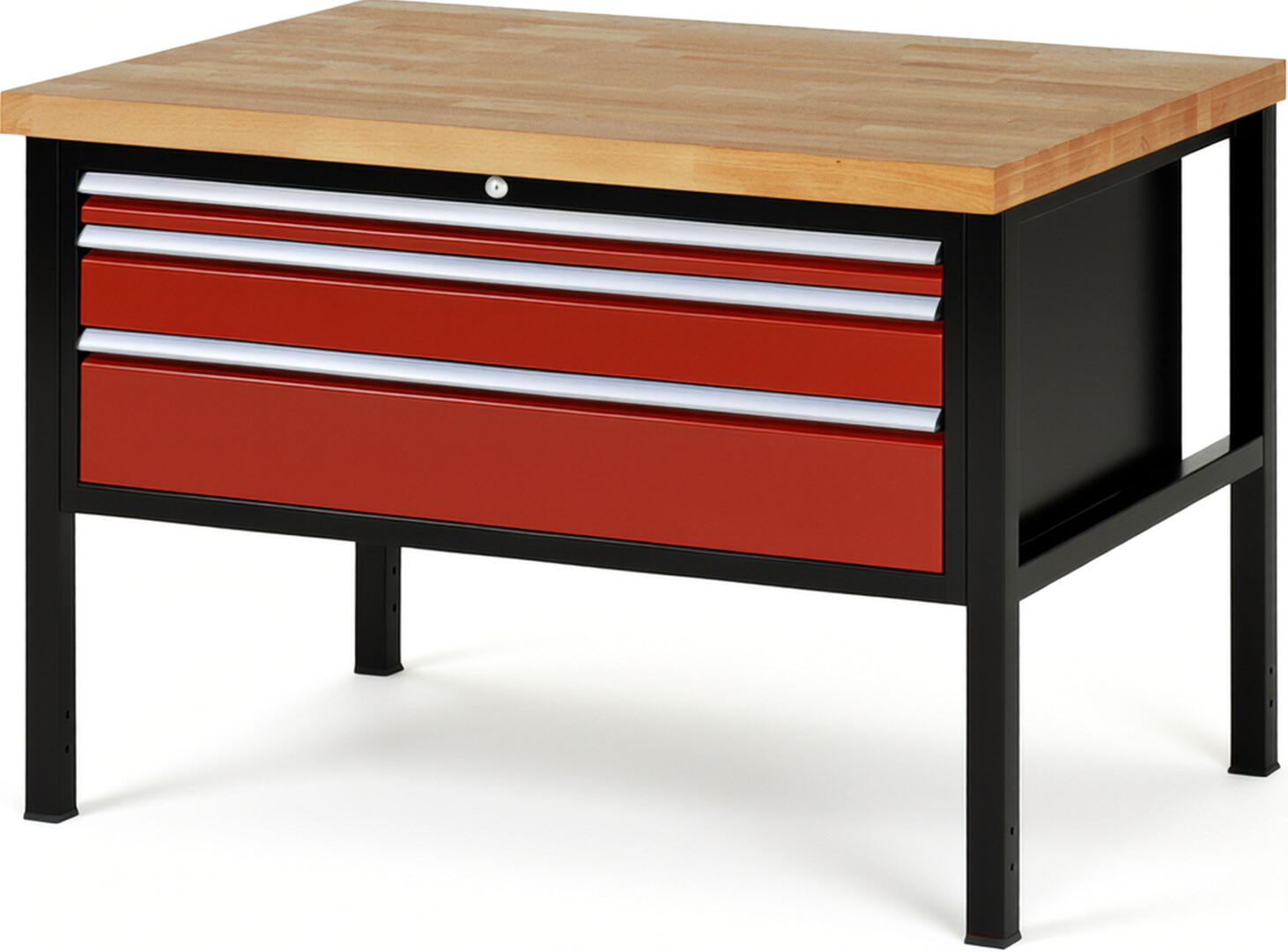 RAU Werkbank schwarz - rot - Breite 125 cm - Tiefe 90 cm - Höhe 104 cm - Buche-Massiv Arbeitsplatte 40 mm