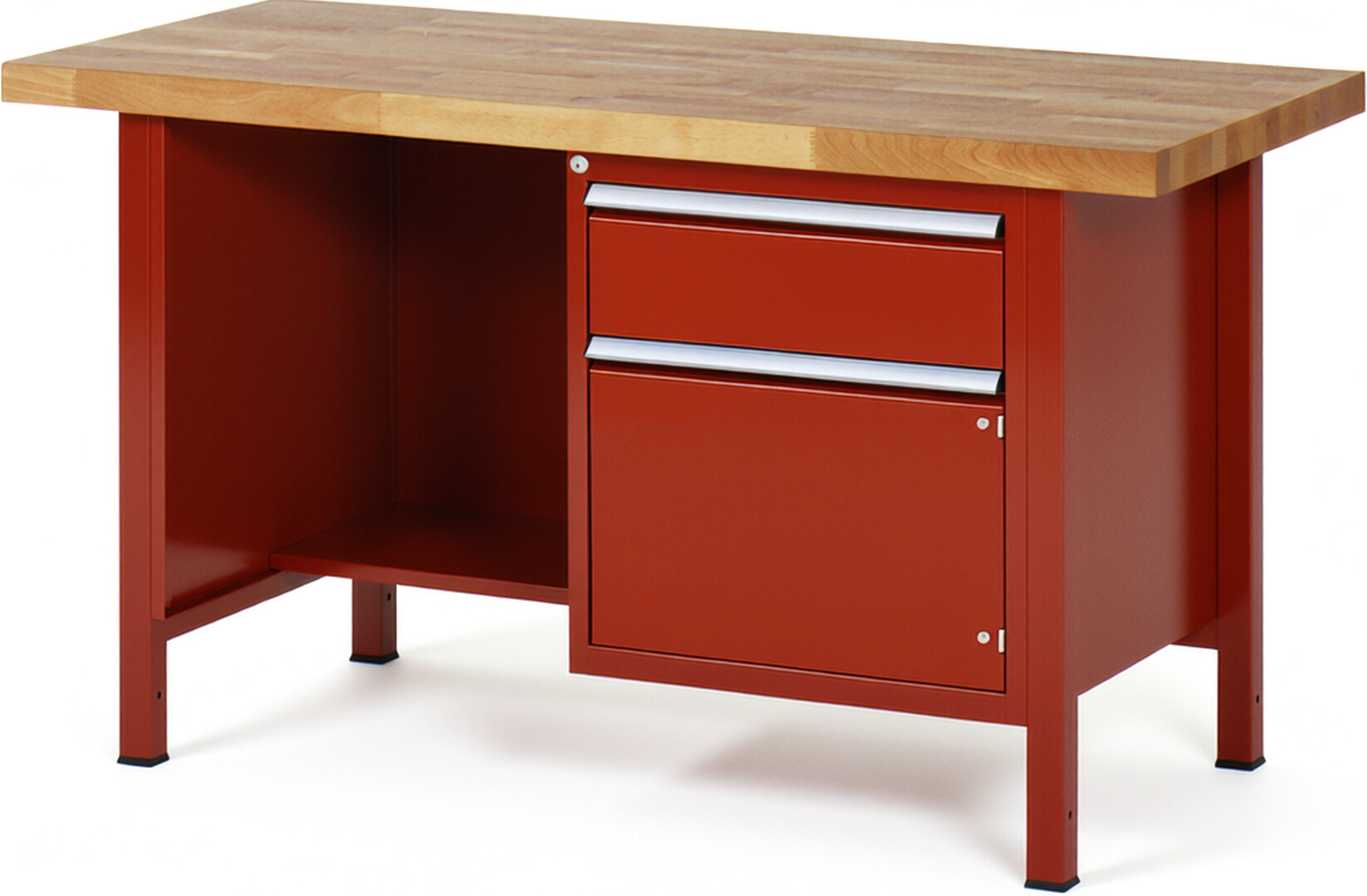 Werkbank Modell 8455 rot, BxTxH 1500x700x840-1040 mm,  Buche-Massiv Arbeitsplatte 40 mm,  1 Schublade mit  Vollauszug 100 % und  SoftClosing