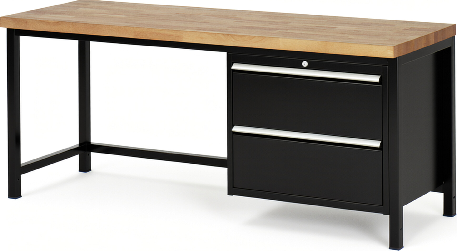Werkbank Modell 8255 schwarz, BxTxH 2000x700x840 mm,  Buche-Massiv Arbeitsplatte 40 mm,  2 Schubladen mit  Auszug 90 %