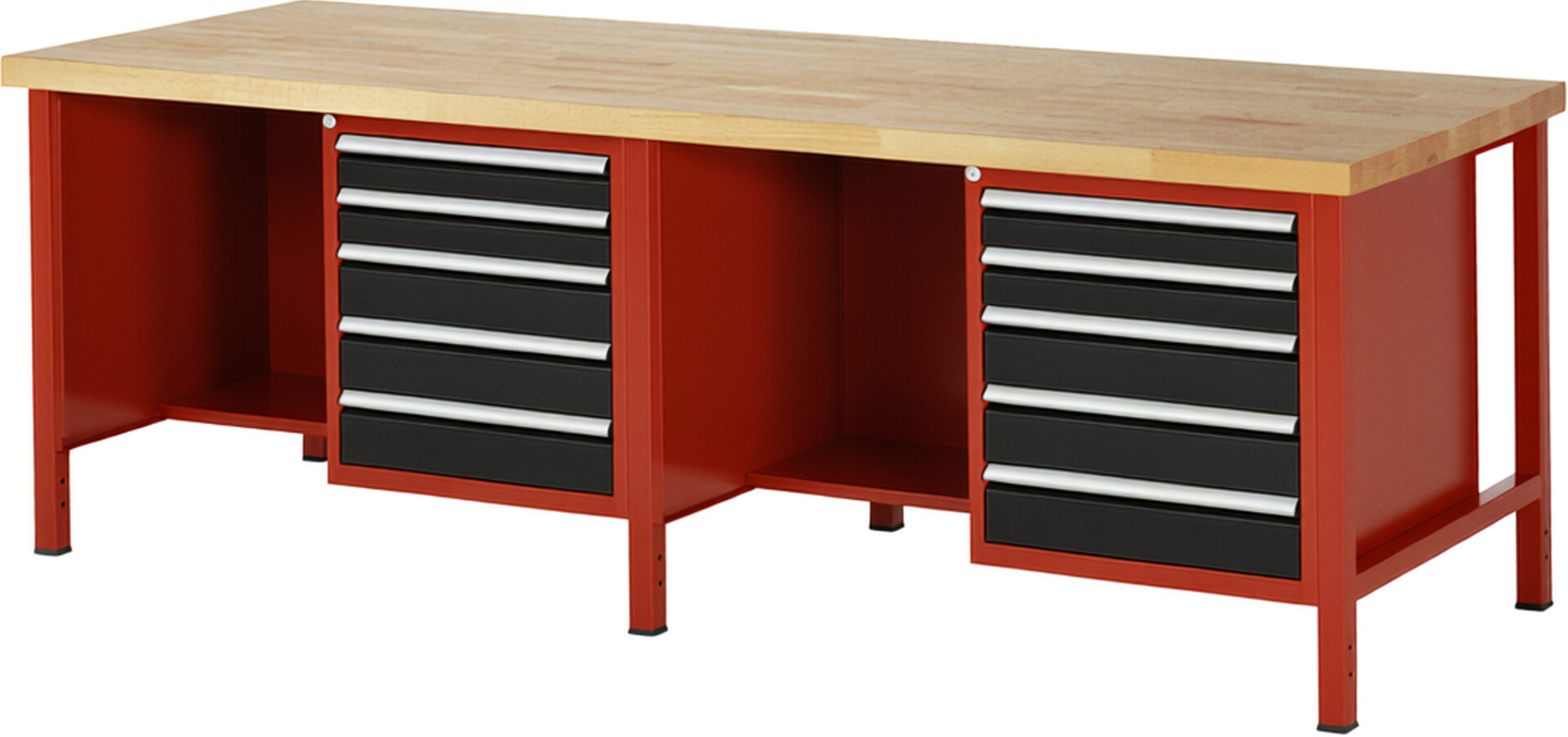 Werkbank Modell 8454 rot - schwarz, BxTxH 2500x900x840-1040 mm,  Buche-Massiv Arbeitsplatte 40 mm,  10 Schubladen mit  Vollauszug 100 % und  SoftClosing