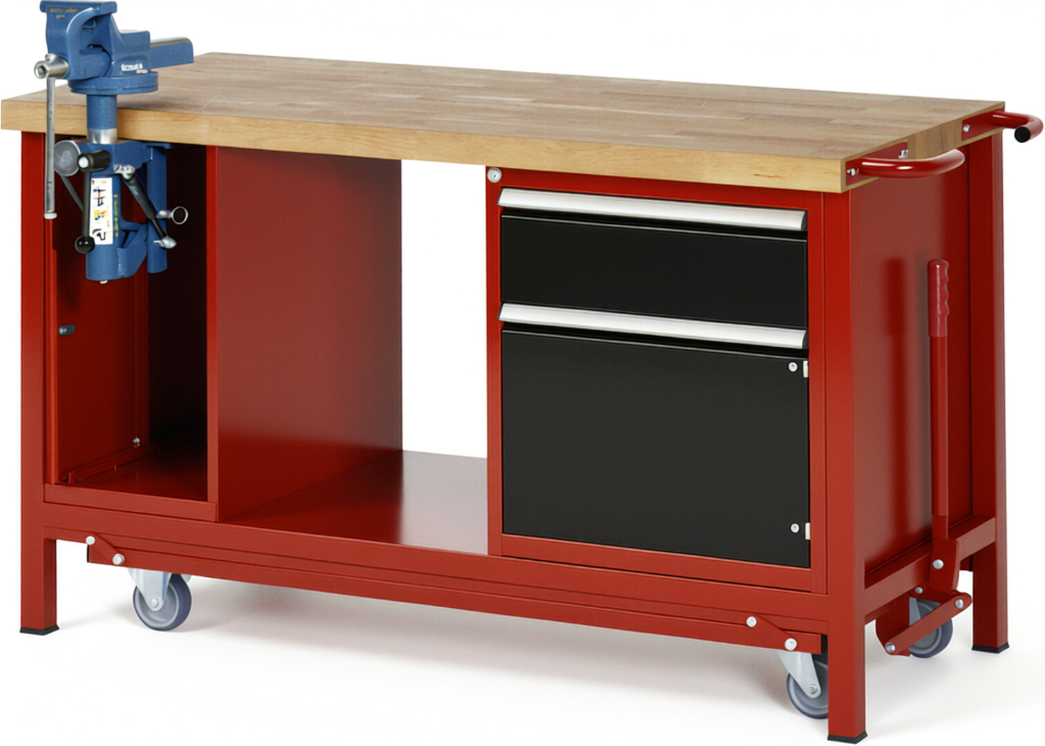 Absenkbare Werkbank Modell 8181 rot - schwarz, BxTxH 1500x700x880 mm,  Buche-Massiv Arbeitsplatte 40 mm,  1 Schublade mit  Auszug 90 %