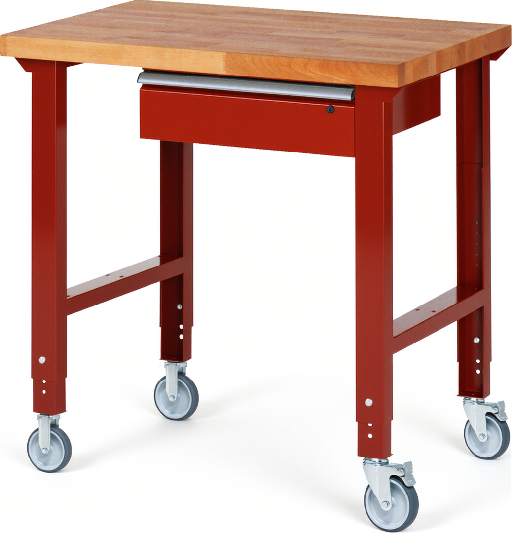 Fahrbare Werkbank Modell 7001 rot, BxTxH 1000x700x950-1000 mm,  Buche-Massiv Arbeitsplatte 40 mm,  1 Schublade mit  Auszug 90 %