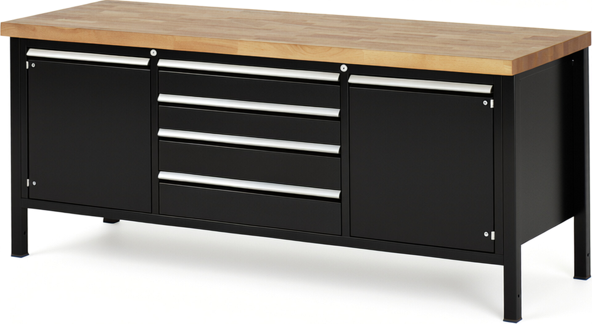 Werkbank Modell 8752 schwarz, BxTxH 2000x700x840 mm,  Buche-Massiv Arbeitsplatte 40 mm,  4 Schubladen mit  Vollauszug 100 % und  SoftClosing
