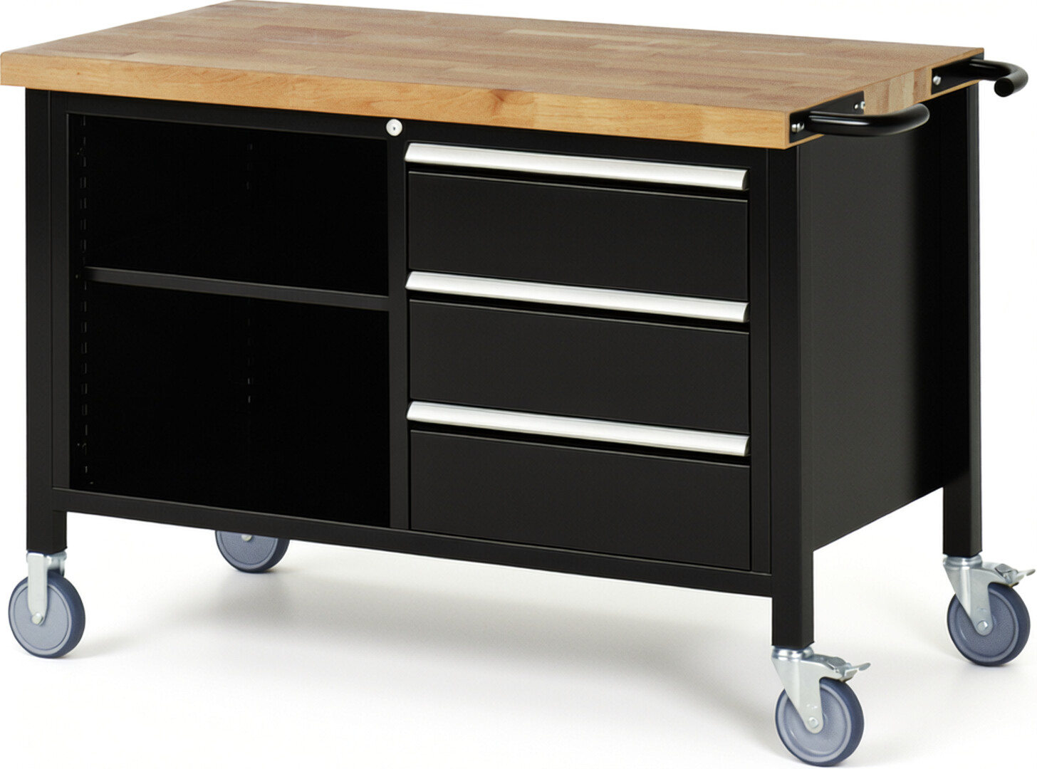 RAU Werkbank schwarz - Breite 125 cm - Tiefe 70 cm - Höhe 88 cm - Buche-Massiv Arbeitsplatte 40 mm