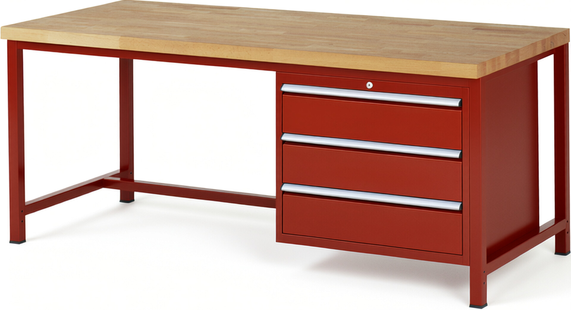 Werkbank Modell 8257 rot, BxTxH 2000x900x840 mm,  Buche-Massiv Arbeitsplatte 40 mm,  3 Schubladen mit  Vollauszug 100 % und  SoftClosing