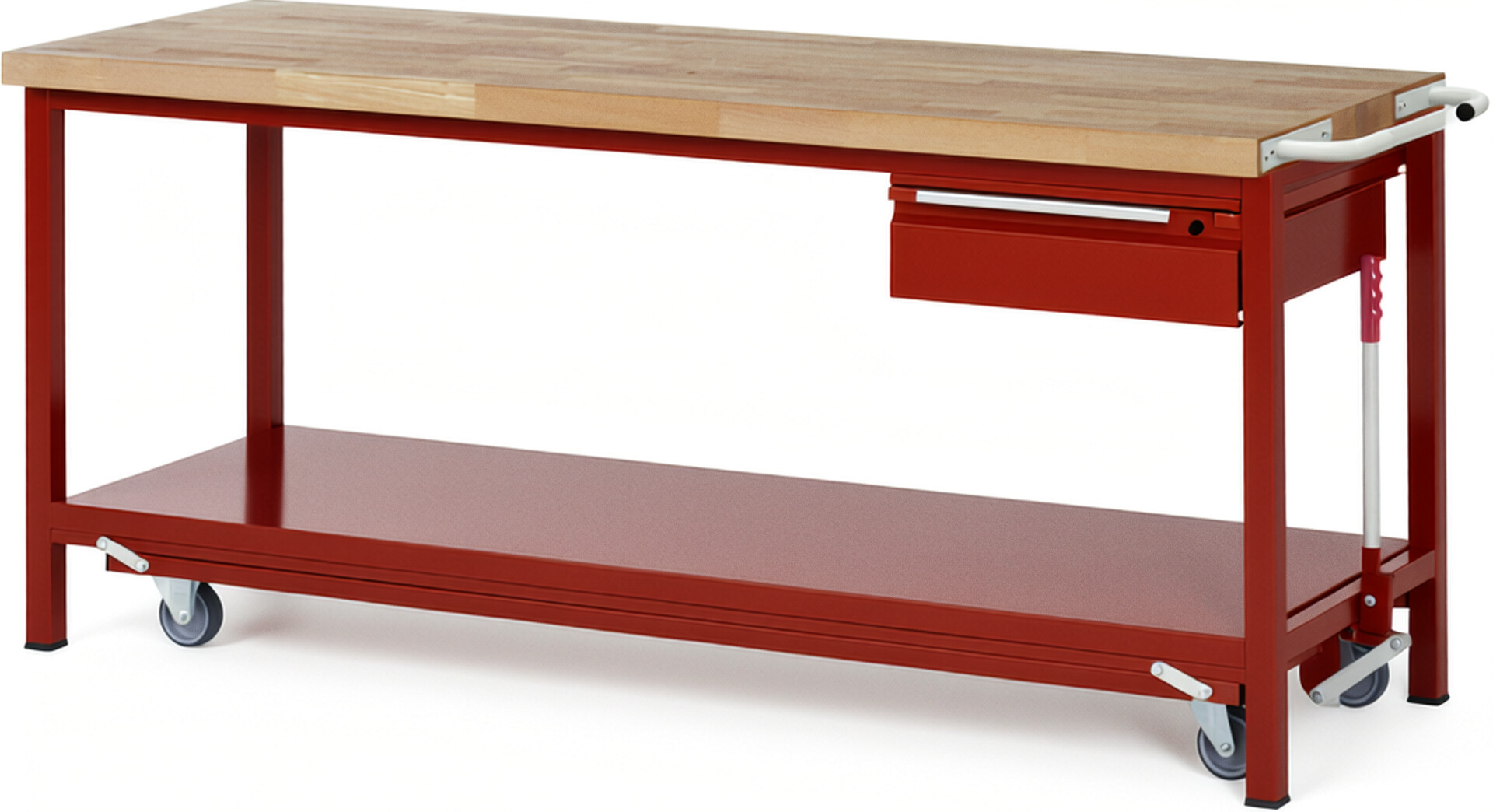 Absenkbare Werkbank - Modell 8001 BASIC rot, BxTxH 2000x700x880 mm,  Buche-Massiv Arbeitsplatte 40 mm,  1 Schublade mit  Auszug 90 %