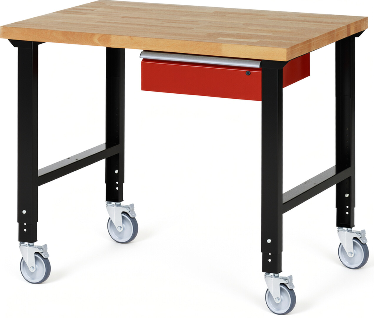 Fahrbare Werkbank Modell 7001 schwarz-rot, BxTxH 1250x900x950-1000 mm,  Buche-Massiv Arbeitsplatte 40 mm,  1 Schublade mit  Auszug 90 %