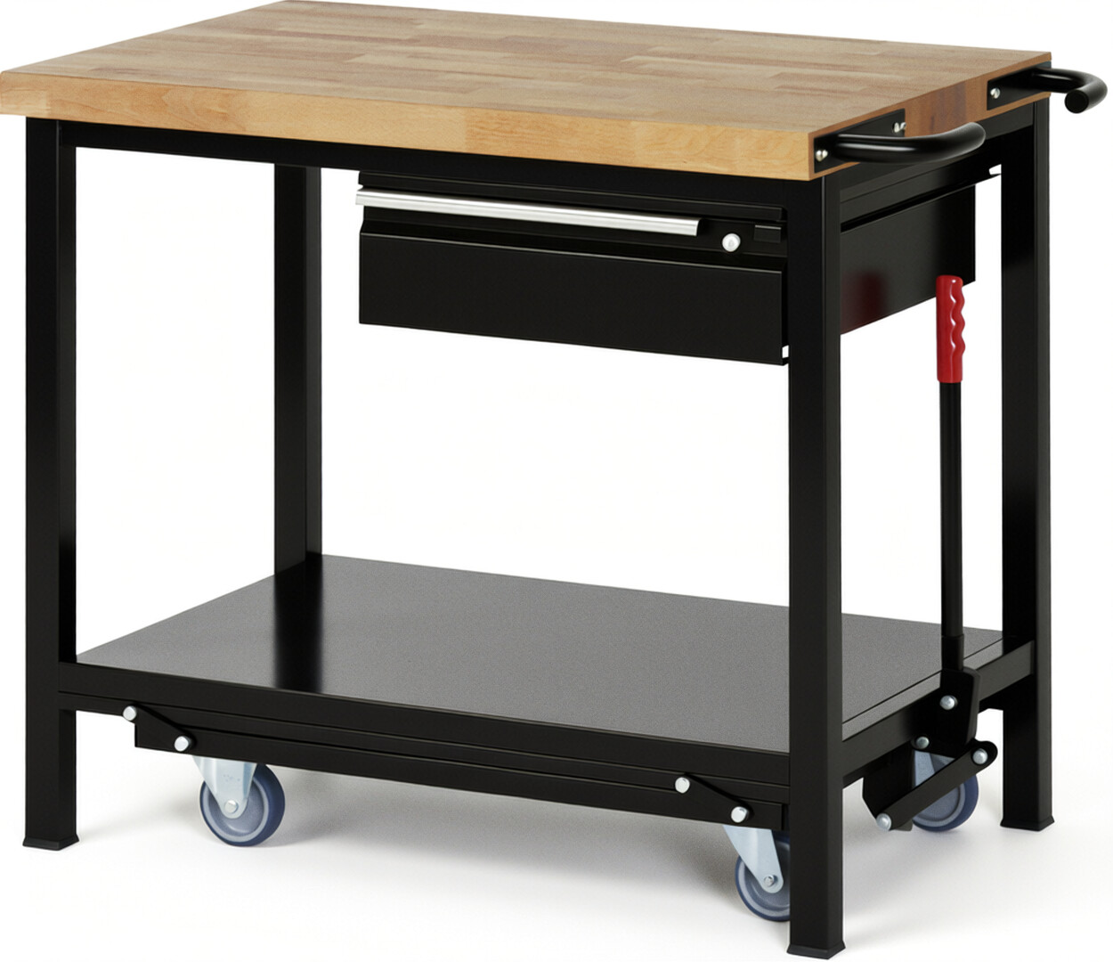 Absenkbare Werkbank - Modell 8001 BASIC schwarz, BxTxH 1000x700x880 mm,  Buche-Massiv Arbeitsplatte 40 mm,  1 Schublade mit  Auszug 90 %