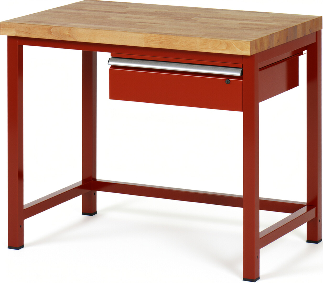 Werkbank Modell 8001 rot, BxTxH 1000x700x840-1040 mm,  Buche-Massiv Arbeitsplatte 40 mm,  1 Schublade mit  Auszug 90 %
