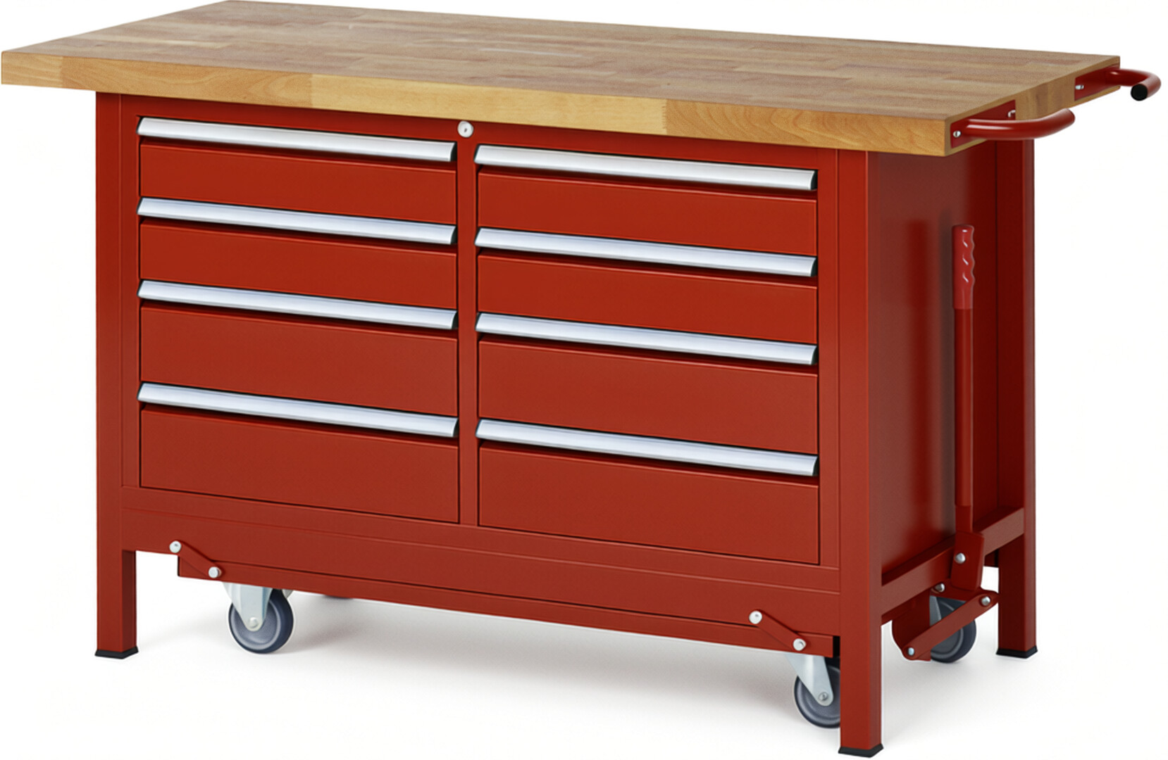 Absenkbare Werkbank Modell 8477 rot, BxTxH 1500x700x880 mm,  Buche-Massiv Arbeitsplatte 40 mm,  8 Schubladen mit  Vollauszug 100 % und  SoftClosing