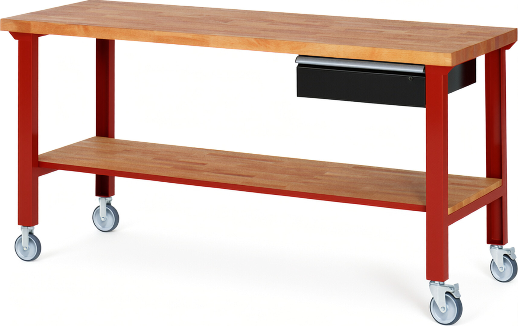 Fahrbare Werkbank Modell 7001 rot - schwarz, BxTxH 2000x700x1000 mm,  Buche-Massiv Arbeitsplatte 40 mm,  1 Schublade mit  Auszug 90 %